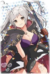  bikini black_jacket breasts brown_gloves cleavage female fire_emblem fire_emblem_awakening fire_emblem_heroes gloves grin highres holding holding_polearm holding_weapon hood hood_down hooded_jacket jacket jacket_on_shoulders kiriya_(552260) large_breasts long_hair official_alternate_costume polearm purple_bikini robin_(female)_(fire_emblem) robin_(female)_(summer)_(fire_emblem) robin_(fire_emblem) smile solo swimsuit twintails twitter_username weapon white_hair 