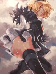  2b_(nier:automata) 2b_(nier:automata)_(cosplay) :o ass black_dress black_footwear black_hairband blonde_hair boots cleavage_cutout clothing_cutout cloud cloudy_sky commentary cosplay dark-skinned_female dark_skin dress female foot_out_of_frame gravity_daze gravity_daze_2 hair_over_one_eye hairband highres kitten_(gravity_daze) leg_up light_blush looking_back mole mole_under_eye no31990 official_alternate_costume official_alternate_hairstyle panties pantyshot parted_lips short_hair sky symbol-only_commentary thigh_boots underwear 