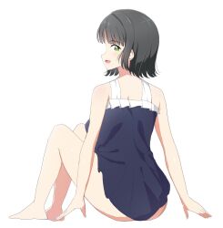  barefoot black_hair black_one-piece_swimsuit blunt_bangs casual_one-piece_swimsuit commentary_request female frilled_one-piece_swimsuit frills full_body green_eyes highres knees_up link!_like!_love_live! looking_at_viewer looking_back love_live! momose_ginko no_jacket official_alternate_costume one-piece_swimsuit open_mouth penguin_(penguins5110) short_hair sideways_mouth simple_background sitting solo swimsuit swimsuit_skirt virtual_youtuber white_background 