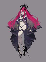  absurdres baobhan_sith_(fate) baobhan_sith_(second_ascension)_(fate) black_nails black_panties bracelet breasts cleavage detached_sleeves fate/grand_order fate_(series) female full_body grey_background grey_eyes high_heels highres hoop jewelry long_hair looking_at_viewer navel panties pink_hair pointy_ears revealing_clothes sidelocks smile solo spiked_bracelet spikes thigh_strap tokumori_ramen underwear veil 