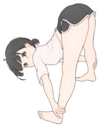  1ssakawaguchi absurdres ankle_grab ass bare_legs barefoot black_eyes black_hair black_shorts dolphin_shorts feet female from_side highres ichika_(1ssakawaguchi) leaning_forward legs_apart looking_at_viewer midriff_peek original shirt short_hair short_ponytail short_shorts short_sleeves shorts simple_background solo stretching toes white_background white_shirt 