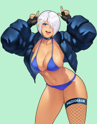  alternate_costume angel_(kof) artist_name bikini black_coat blue_bikini blue_eyes breasts cleavage coat female fingerless_gloves gloves green_background hair_over_one_eye horns_pose jacket large_breasts long_sleeves looking_at_viewer meziosaur midriff navel open_mouth puffy_coat short_hair simple_background single_thighhigh smile snk solo standing swimsuit the_king_of_fighters the_king_of_fighters_2001 the_king_of_fighters_xiv thighhighs white_hair 