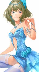  aqua_eyes bare_shoulders blue_dress blue_eyes breasts dress female flower green_hair hair_flower hair_ornament heterochromia highres hikonyaaa idolmaster idolmaster_cinderella_girls jewelry lace-trimmed_thighhighs looking_at_viewer mole mole_under_eye necklace short_dress short_hair small_breasts smile solo takagaki_kaede thighhighs white_thighhighs 