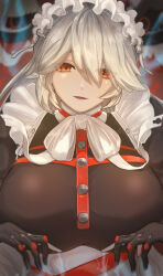  absurdres alexandrina_sebastiane anastella_(zenless_zone_zero) bangboo_(zenless_zone_zero) black_gloves bow bowtie breasts commentary_request drusilla_(zenless_zone_zero) female gloves grey_hair hair_between_eyes highres large_breasts long_hair looking_at_viewer maid maid_headdress open_mouth partially_fingerless_gloves puffy_sleeves red_eyes rise_(gero) solo white_bow white_bowtie zenless_zone_zero 