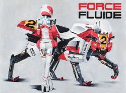  acrylic_painting_(artwork) ambiguous_gender animatronic anthro chrome claws clothed clothing duo english_text feral footwear forcefluide hi_res humanoid machine motorcycle not_furry robot robot_anthro robot_humanoid shoes simple_background text toe_claws vehicle 