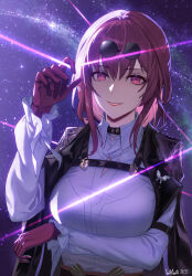  absurdres arm_under_breasts black_choker black_coat breasts butterfly_ornament choker coat commentary constellation cowboy_shot eyewear_on_head female galaxy gloves gradient_sky hand_up harness highres honkai:_star_rail honkai_(series) kafka_(honkai:_star_rail) large_breasts light_particles long_hair long_sleeves longyu_(17767756) looking_at_viewer medium_bangs moonlight night night_sky no_earrings pince-nez pink_gloves purple_hair purple_sky shirt sky smile solo solo_focus space sparkle sparkling_aura spider_web_pattern star_(sky) starry_sky starry_sky_print sunglasses tanzaku white_shirt 