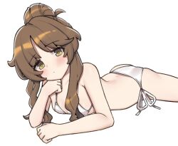  aa211108 ass bare_shoulders bikini blush breasts brown_hair clenched_hands collarbone cowboy_shot dot_nose female hair_bun hair_over_shoulder hand_on_own_chin highres idolmaster idolmaster_cinderella_girls idolmaster_cinderella_girls_starlight_stage long_hair looking_at_viewer parted_lips side-tie_bikini_bottom sidelocks simple_background single_hair_bun small_breasts solo swimsuit takamori_aiko wavy_hair white_background white_bikini yellow_eyes 