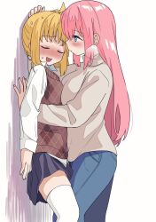  2girls ahoge black_skirt blonde_hair blue_eyes blue_pants blush bocchi_the_rock! breath brown_sweater_vest closed_eyes closed_mouth collared_shirt commentary_request denim gotoh_hitori grey_sweater hand_on_another&#039;s_head highres ijichi_nijika jeans leg_between_thighs long_hair long_sleeves looking_at_another multiple_girls open_mouth pants pink_hair pleated_skirt shirt simple_background skirt sweatdrop sweater sweater_vest thighhighs white_background white_shirt white_thighhighs xion_(pulilulu) yuri 