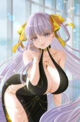  angie03 bare_shoulders bb_(fate) bb_dubai_(fate) belly_chain black_dress braid braided_hair_rings breasts center_opening cleavage dress fate/grand_order fate_(series) female hair_ribbon highres jewelry large_breasts leaning_forward long_hair looking_at_viewer necklace purple_eyes purple_hair ribbon side_slit smile solo sparkle tagme thighs twin_braids very_long_hair yellow_ribbon 