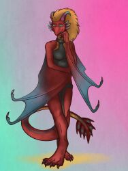  absurd_res anthro blue_eyes claws clothed clothing dragon dress european_mythology eztli_(user_55) female hair hi_res horn kaputotter looking_at_viewer membrane_(anatomy) membranous_wings mythological_creature mythological_scalie mythology red_body scalie simple_background smile solo standing tail western_dragon wings wyvern 