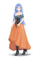  bae_minah_(chaesu) black_corset black_footwear blue_eyes blue_hair borrowed_character breasts cleavage collarbone corset cross-laced_footwear dress female highres long_hair medium_breasts miura-n315 off-shoulder_dress off_shoulder orange_dress orange_eyes original two-tone_eyes 