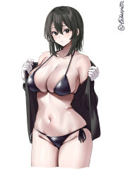  akitsu_maru_(kancolle) artist_name bare_shoulders bikini black_bikini blush breasts collarbone cowboy_shot cropped_legs ebifurya female gloves grey_eyes groin hair_between_eyes hands_up highres kantai_collection large_breasts long_sleeves looking_at_viewer medium_hair navel one-hour_drawing_challenge open_clothes parted_lips side-tie_bikini_bottom sidelocks simple_background skindentation solo stomach strap_gap swimsuit thighs twitter_username white_background white_gloves 