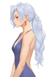  a_(xenoblade) blue_dress blue_eyes breasts cleavage collarbone dress earrings female highres jewelry long_hair miura-n315 ponytail sideboob simple_background white_hair xenoblade_chronicles_(series) xenoblade_chronicles_3 xenoblade_chronicles_3:_future_redeemed 