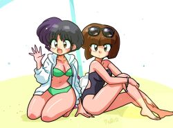  2girls :d arm_support ass backless_swimsuit bare_shoulders barefoot beach beach_umbrella bikini black_hair black_one-piece_swimsuit blunt_bangs blunt_ends bob_cut bracelet breasts brown_eyes brown_hair cleavage closed_mouth collarbone commentary dot_mouth drawstring eyewear_on_head from_side full_body green_bikini hand_up hands_on_own_legs hood hood_down hoodie jewelry kneeling knees_up light_particles long_sleeves looking_at_viewer looking_to_the_side medium_breasts multiple_girls on_ground one-piece_swimsuit open_clothes open_hoodie open_mouth raised_eyebrows ranma_1/2 sand shiny_skin short_hair siblings side-by-side sisters sitting smile spread_fingers strapless strapless_one-piece_swimsuit sunglasses swimsuit symbol-only_commentary tendou_akane tendou_nabiki toes umbrella wanta_(futoshi) waving white_background white_hoodie 