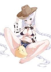  absurdly_long_hair absurdres arm_behind_back arm_support azur_lane bare_legs bare_shoulders barefoot bikini black_bikini blue_shorts blush braid breasts cowboy_hat crop_top fargo_(azur_lane) fargo_(dairy_in_the_dreary_sun)_(azur_lane) female full_body green_eyes hair_between_eyes hand_up hat highleg highleg_bikini highres holster legs lieend long_hair long_sleeves looking_at_viewer manjuu_(azur_lane) medium_breasts micro_shorts midriff milk navel parted_lips shorts shrug_(clothing) sitting solo spread_legs striped_clothes swimsuit thighs torn_clothes torn_shorts twin_braids twintails vertical-striped_clothes very_long_hair wet white_hair 