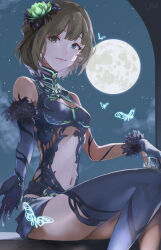  absurdres blue_eyes breasts brown_hair bug butterfly elbow_gloves female flower full_moon gloves green_eyes hair_flower hair_ornament heterochromia highres hikonyaaa idolmaster idolmaster_cinderella_girls looking_at_viewer moon navel night revealing_clothes short_hair sky small_breasts smile solo star_(sky) starry_sky takagaki_kaede thighhighs 