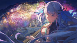  back_peek balcony black_collar bow breasts city cleavage closed_mouth coat collar commentary_request earrings female fireworks hairbow hand_on_railing jewelry jinhsi_(wuthering_waves) kumano_yume large_breasts long_hair looking_at_viewer mole mole_on_cheek multiple_hair_bows multiple_rings night night_sky ring shade sky smile solo standing tacet_mark_(wuthering_waves) two_side_up upper_body very_long_hair white_bow white_coat white_eyelashes white_eyes white_hair wuthering_waves 