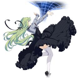  black_dress closed_mouth dress emma_planck female full_body green_hair grey_shirt hair_between_eyes honkai_(series) honkai_impact_3rd long_hair official_art shirt shoes solo thighhighs third-party_source transparent_background white_thighhighs yellow_eyes 