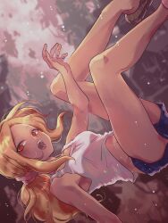  :o blonde_hair blue_shorts commentary dark-skinned_female dark_skin feet_out_of_frame female floating floating_hair gravity_daze gravity_daze_2 highres kitten_(gravity_daze) light_blush long_hair looking_at_viewer low_ponytail midriff_peek no31990 official_alternate_costume official_alternate_hairstyle ponytail red_eyes shirt shorts sleeveless sleeveless_shirt solo symbol-only_commentary white_shirt 