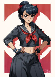  absurdres black_gloves black_hair black_sailor_collar black_serafuku black_skirt female fingerless_gloves gloves hands_on_own_hips highres juusan_kihei_bouei_ken long_hair long_skirt looking_at_viewer midriff navel neckerchief pleated_skirt ponytail red_background red_neckerchief red_ribbon ribbon sailor_collar school_uniform serafuku simple_background skirt sleeves_rolled_up solo standing takamiya_yuki thatpersonaguy 