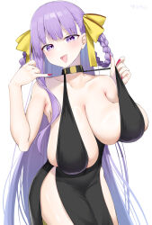  bare_shoulders bb_dubai_(fate) black_dress blush braid braided_hair_rings breasts center_opening cleavage dress fate/grand_order fate_(series) female hair_ribbon highres huge_breasts kitajima_yuuki long_hair looking_at_viewer open_mouth purple_eyes purple_hair ribbon smile solo twin_braids very_long_hair yellow_ribbon 