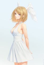  alternate_costume arms_behind_back bare_shoulders blonde_hair blue_background blue_eyes breasts cleavage commentary dress earrings eunie_(xenoblade) feathered_wings female head_wings highres hoop_earrings jewelry lips long_hair looking_at_viewer medium_breasts miura-n315 pink_lips simple_background sleeveless sleeveless_dress solo white_background white_dress white_wings wings xenoblade_chronicles_(series) xenoblade_chronicles_3 