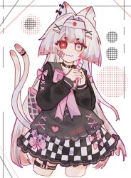  :3 animal_ears black_bow black_choker black_skirt blood blood_on_hands blood_on_weapon bow bow_skirt boxcutter bright_pupils cat_ears cat_girl cat_tail checkered_clothes checkered_skirt chinese_commentary choker closed_mouth commentary_request cropped_legs cross-laced_clothes cross-laced_sleeves ear_bow gauze gauze_on_cheek hair_intakes hair_ornament headband heterochromia highres holding holding_boxcutter japanese_flag jirai_kei long_hair looking_at_viewer mismatched_pupils multicolored_hair multiple_tails neck_ribbon original pink_blood pink_bow pink_ribbon red_eyes red_hair red_pupils ribbon sailor_collar sailor_shirt shirt skirt tail tail_ornament tail_ring thigh_strap two-tone_hair two_tails weapon white_eyes white_hair white_headband white_pupils x_hair_ornament yezhupeiqi97664 