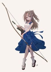  alternate_costume archery arrow_(projectile) blue_sarong bow_(weapon) breasts brown_eyes brown_hair competition_swimsuit female full_body geta gloves hachimaki headband high_ponytail highleg highleg_one-piece_swimsuit highres kantai_collection kyuudou light_brown_hair long_hair looking_at_viewer neve_(morris-minicooper) one-piece_swimsuit open_mouth partially_fingerless_gloves ponytail quiver ribbon sandals sarong signature small_breasts smile solo swimsuit tabi two-tone_swimsuit weapon white_background white_one-piece_swimsuit yugake yumi_(bow) zuihou_(kancolle) 