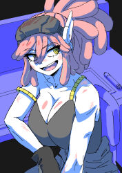  black_gloves black_shirt boku_no_hero_academia breasts cleavage dirty dirty_face female gloves hatsume_mei headset huge_breasts open_mouth pink_hair rainbow_(artist) ringed_eyes shirt solo spaghetti_strap yellow_eyes 