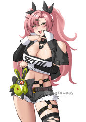  :d absurdres bangboo_(zenless_zone_zero) bare_shoulders black_ribbon black_shorts breasts cleavage clothing_cutout commentary_request cowboy_shot cutoffs female hair_ornament hair_ribbon hairclip highres large_breasts long_hair looking_at_viewer midriff navel nicole_demara obosounds open_mouth pink_hair ribbon short_shorts shorts shoulder_cutout simple_background smile solo standing stomach strapless thighs tube_top two_side_up very_long_hair white_background zenless_zone_zero 