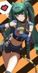  absurdres android anoreika_tomoe black_gloves braid female fingerless_gloves gloves green_eyes green_hair green_ribbons hair_ribbon heart highres holding holding_weapon long_hair looking_at_viewer midriff navel qingyi_(zenless_zone_zero) ribbon spoken_heart standing thighs twin_braids twintails weapon zenless_zone_zero 