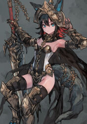  absurdres animal_ears armor armpits bare_shoulders black_hair black_thighhighs blue_eyes elbow_gloves female fingerless_gloves gauntlets gloves greaves helmet highres holding holding_sword holding_weapon long_hair multicolored_hair original red_hair sabamiso_taro solo sword tail thighhighs two-tone_hair weapon wolf_ears wolf_tail 