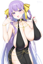  bare_shoulders bb_dubai_(fate) belly_chain black_dress blush bracelet braid braided_hair_rings breasts center_opening cleavage dress fate/grand_order fate_(series) female hair_ribbon highres huge_breasts jewelry kitajima_yuuki long_hair looking_at_viewer necklace open_mouth purple_eyes purple_hair ribbon smile solo twin_braids very_long_hair yellow_ribbon 