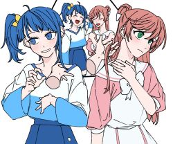  2girls a_jak bite_mark bite_mark_on_neck bite_mark_on_shoulder blue_eyes blue_hair blue_shirt blue_skirt blush bow bowtie closed_eyes closed_mouth commentary_request green_eyes hairbow hand_in_another&#039;s_hair hirogaru_sky!_precure korean_commentary laughing multiple_girls nijigaoka_mashiro open_mouth parted_lips pink_shirt precure sailor_collar shirt side_ponytail simple_background skirt smile sora_harewataru sweatdrop two-tone_shirt white_background white_bow white_bowtie white_sailor_collar white_shirt white_skirt yellow_bow yuri 