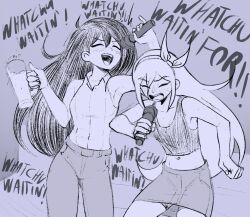  2girls :d ^_^ arm_up aubrey_(faraway)_(omori) aubrey_(omori) bare_arms bare_shoulders bow_hairband cabronpr clenched_hand closed_eyes collarbone collared_shirt commentary cowboy_shot cup denim denim_skirt double-parted_bangs english_commentary english_text fingernails greyscale hair_behind_ear hair_between_eyes hairband hand_up highres holding holding_cup holding_microphone liquid long_hair mari_(faraway)_(omori) mari_(omori) microphone midriff monochrome multiple_girls music omori open_mouth pants shirt shirt_tucked_in shorts shorts_under_skirt singing skirt sleeveless sleeveless_shirt smile tank_top teeth tongue upper_teeth_only 