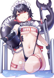  black_gloves black_hair breasts candy colored_inner_hair elbow_gloves ellen_joe female fins fish_tail food food_in_mouth gloves hot_vr lollipop looking_at_viewer maid_headdress mole mole_under_eye multicolored_hair navel red_eyes red_hair scar_on_tail shark_girl shark_tail short_hair solo stomach swimsuit tail two-tone_hair underboob zenless_zone_zero 