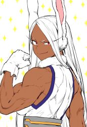  animal_ears artist_collaboration bare_shoulders biceps boku_no_hero_academia breasts colorized dark-skinned_female dark_skin english_commentary female flexing from_behind fur_collar gloves highres large_breasts leotard long_eyelashes long_hair looking_at_viewer median_furrow mirko mirkosimps muscular muscular_female parallaxfused parted_bangs rabbit_ears rabbit_girl raised_eyebrow red_eyes sleeveless_turtleneck_leotard solo sparkle_background taut_leotard very_long_hair white_background white_gloves white_hair white_leotard 