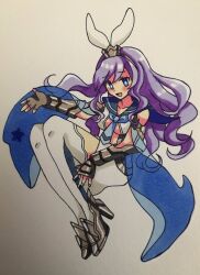  armored_gloves armored_shoes bad_id bad_twitter_id blue_eyes blush breasts collarbone delphinus_yukino_(saint_seiya:_rising_cosmo) fingerless_gloves full_body furiba_794 gloves headband high_heels highres long_hair necktie open_mouth photoshop_(medium) purple_hair sailor_collar saint_seiya saint_seiya:_rising_cosmo skirt smile traditional_media wavy_hair white_skirt 