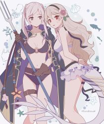  2girls 343rone absurdres bikini bikini_skirt black_bikini black_hairband black_jacket breasts brown_gloves cleavage commentary_request corrin_(female)_(fire_emblem) corrin_(female)_(summer)_(fire_emblem) corrin_(fire_emblem) dragon_tail fire_emblem fire_emblem_awakening fire_emblem_fates fire_emblem_heroes flower flying_sweatdrops gloves grey_hair hair_flower hair_ornament hairband highres holding holding_polearm holding_weapon jacket jacket_on_shoulders long_hair medium_breasts multiple_girls navel official_alternate_costume pink_flower polearm red_eyes robin_(female)_(fire_emblem) robin_(female)_(summer)_(fire_emblem) robin_(fire_emblem) stomach sweatdrop swimsuit tail twintails twitter_username wavy_hair weapon white_bikini white_hair 