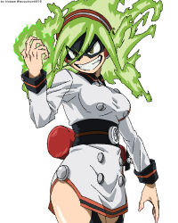  black_mask boku_no_hero_academia breasts burnin_(boku_no_hero_academia) domino_mask dress eye_mask eyebrows_visible_through_mask female fiery_hair green_eyes green_hair grin headband long_sleeves mask medium_breasts rainbow_(artist) red_headband simple_background smile solo studded teeth white_background white_dress 