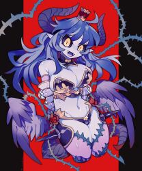  :d akadako arm_armor astaroth_(shinrabanshou) bare_shoulders black_sclera breasts colored_sclera colored_skin cropped_legs demon_girl demon_horns eyelashes fangs feathered_wings female highres horns large_breasts long_hair navel open_mouth pointy_ears purple_hair purple_skin shinrabanshou shiny_skin slit_pupils smile solo spikes stomach thighs thorns twitter_username wings yellow_eyes 