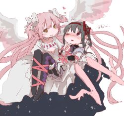  2girls akemi_homura akemi_homura_(magical_girl) ankle_wings black_hair black_pantyhose blush bow breasts buivi carrying cleavage_cutout closed_mouth clothing_cutout dress floating_hair hairband hairbow heart highres kaname_madoka long_hair mahou_shoujo_madoka_magica mahou_shoujo_madoka_magica_(anime) multiple_girls one_eye_closed pantyhose pink_hair pink_pantyhose pink_ribbon princess_carry red_hairband ribbon small_breasts smile sweat twitter_username ultimate_madoka white_bow white_dress wings yellow_eyes yuri 