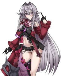  ahoge black_bow black_bowtie black_gloves black_shorts bow bowtie coat commentary_request female gloves hair_intakes highres honkai_(series) honkai_impact_3rd long_hair looking_at_viewer micro_shorts midriff navel purple_coat purple_eyes shorts simple_background smile solo thelema_nutriscu thighs tor_ai very_long_hair white_background white_hair 