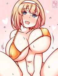  alternate_costume bikini blonde_hair blue_eyes covered_nipples dated female gold_bikini gradient_background hairband heart implied_sex kanon_(kurogane_knights) kantai_collection out-of-frame_censoring pink_background rodney_(kancolle) short_hair solo spread_legs sweat swimsuit twitter_username very_sweaty white_hairband 