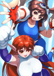  2girls animal_ears breasts brown_hair commentary crossover ema_(emaura) fingerless_gloves galaxy_fight gloves goggles goggles_on_head large_breasts long_hair makihara_arina multiple_girls open_mouth pointy_ears rabbit_ears red_gloves red_hair roomi waku_waku_7 white_gloves 