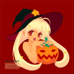  antenna_hair archived_source bad_source bare_arms bare_shoulders black_hat blush commentary_request dated_commentary english_text female hair_ornament halloween hat hat_ornament jack-o&#039;-lantern jpeg_artifacts korean_commentary long_hair looking_at_viewer no_lineart nude open_mouth orange_eyes popcorn_kang pumpkin red_background red_eyes simple_background solo star_(symbol) star_hair_ornament star_hat_ornament trick_or_treat two-sided_fabric two-sided_headwear upper_body web_address witch 