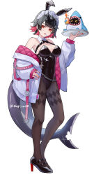  absurdres animal_ears bangboo_(zenless_zone_zero) bare_shoulders black_bow black_bowtie black_footwear black_hair black_leotard black_pantyhose bow bowtie breasts candy chains cleavage ellen_joe fake_animal_ears female fins fish_tail food halterneck hand_up high_heels highres holding holding_tray jacket leotard lollipop looking_at_viewer maid_headdress medium_breasts mouth_hold mugita_(mokankan) off_shoulder open_clothes open_jacket open_mouth pantyhose rabbit_ears red_eyes shark_tail short_hair simple_background solo tail tray white_background white_jacket zenless_zone_zero 