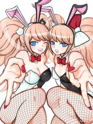  2girls :o ;d absurdres animal_ears aruke_(gter7727) blonde_hair blue_eyes blush breasts cleavage cosplay danganronpa:_trigger_happy_havoc danganronpa_(series) enoshima_junko enoshima_junko_(cosplay) fake_animal_ears fishnet_pantyhose fishnets freckles highres ikusaba_mukuro large_breasts multiple_girls nail_polish official_alternate_costume one_eye_closed pantyhose rabbit_ears red_nails siblings sisters small_breasts smile twins twintails 