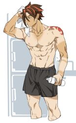  1boy abs anton_ivanov arm_up black_shorts bottle brown_eyes brown_hair closed_mouth collarbone commentary_request cropped_legs hair_between_eyes highres holding holding_bottle holding_towel kayoko_(panchlora) looking_to_the_side male_focus male_swimwear multicolored_hair navel nipples pectorals red_hair short_hair shorts shoulder_tattoo simple_background solo standing stomach streaked_hair swim_trunks tan tanlines tattoo topless_male towel water_bottle wet wet_hair white_background zenless_zone_zero 