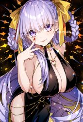  bare_shoulders bb_(fate) bb_dubai_(fate) belly_chain black_dress blush braid braided_hair_rings breasts center_opening cleavage dress fate/grand_order fate_(series) female hair_ribbon jewelry large_breasts long_hair looking_at_viewer moru necklace purple_eyes purple_hair red_nails revealing_clothes ribbon side_slit smile solo twin_braids v yellow_ribbon 